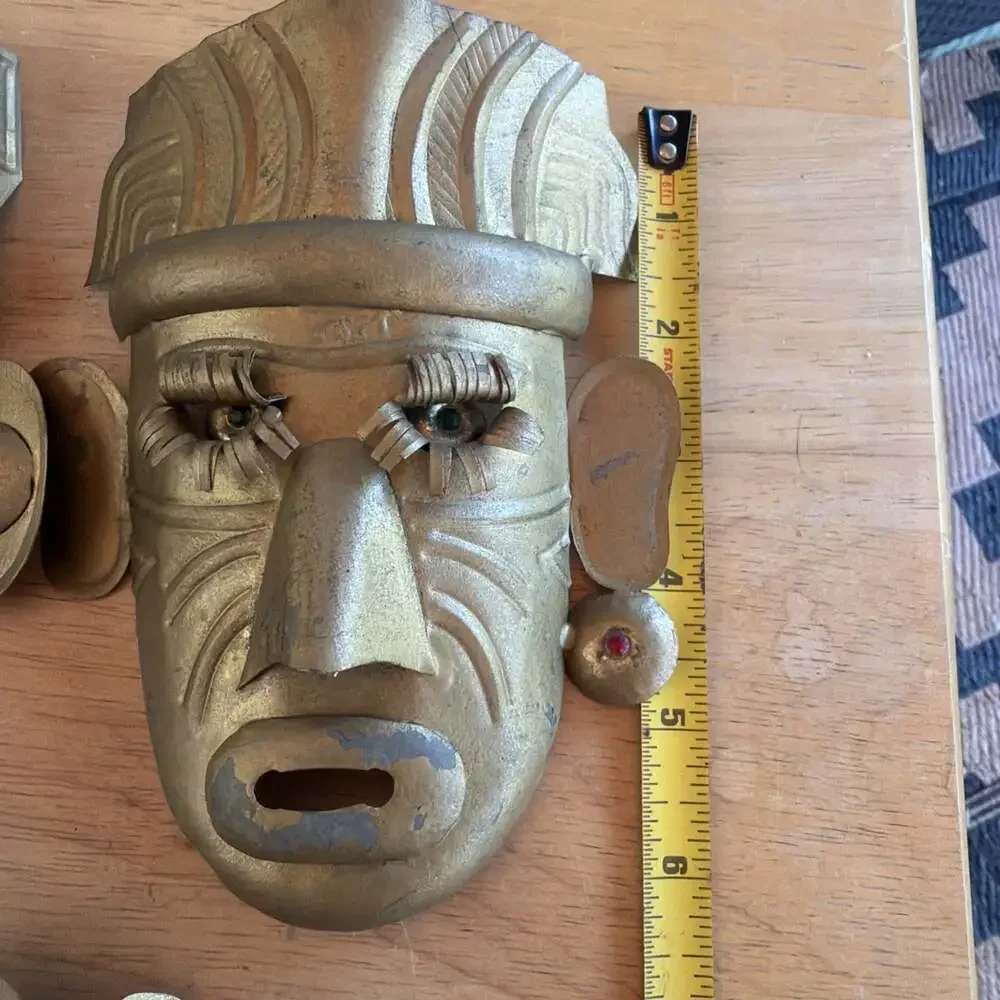 3 VNTG Mexican Tin Metal Masks Beaded Eyes Folk Art Primitive Style Tribal 6”x5”